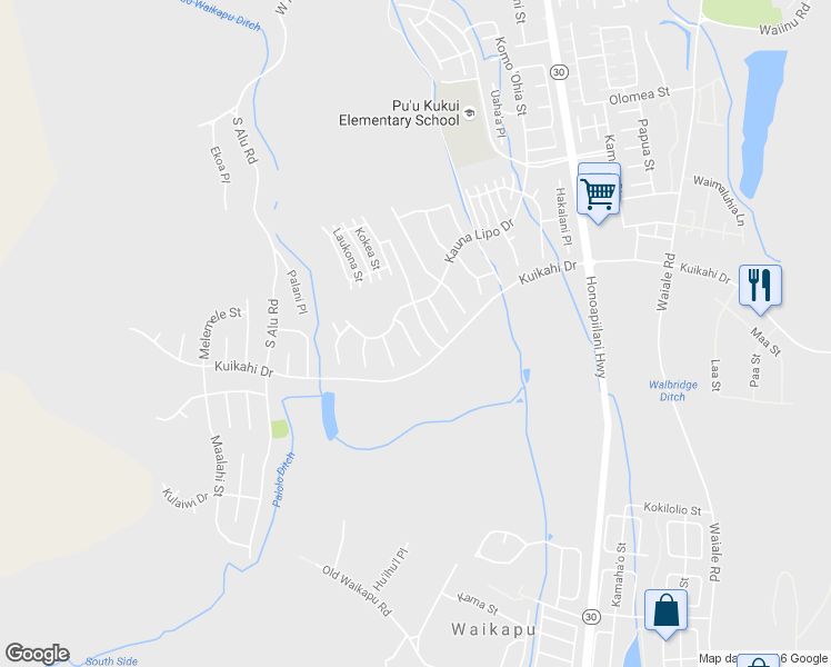 map of restaurants, bars, coffee shops, grocery stores, and more near 34 Papuhau Place in Wailuku