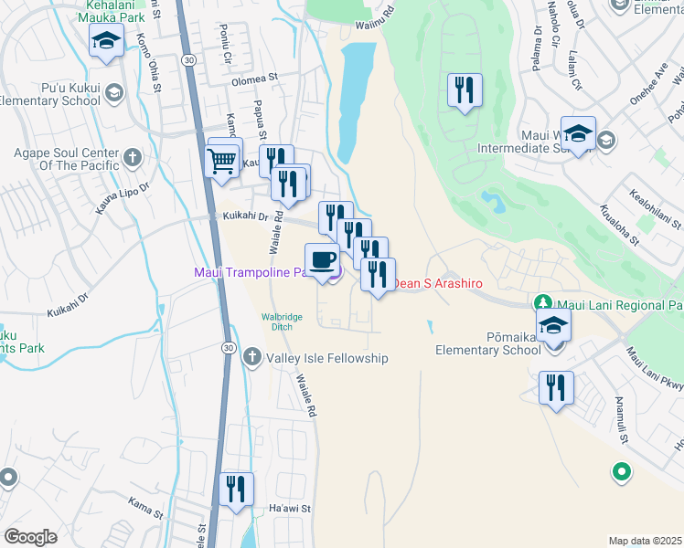 map of restaurants, bars, coffee shops, grocery stores, and more near 126 Maa Street in Kahului