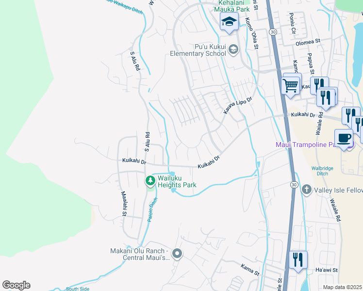 map of restaurants, bars, coffee shops, grocery stores, and more near 74 Papakapu Place in Wailuku