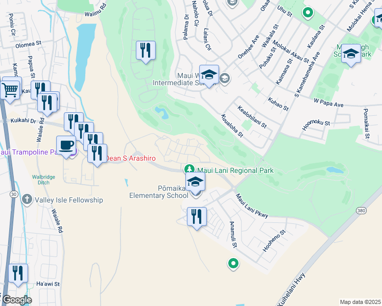 map of restaurants, bars, coffee shops, grocery stores, and more near 114 'Olina Street in Kahului