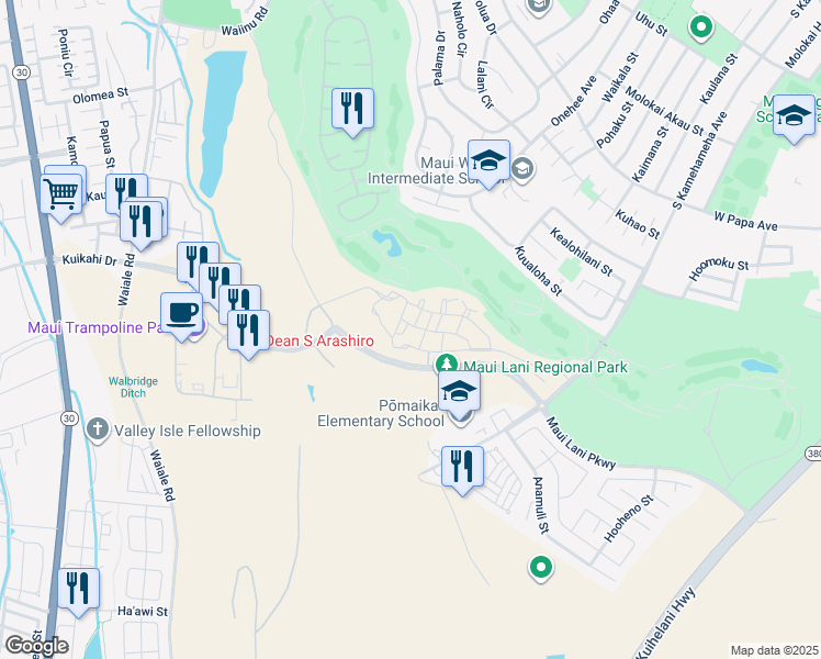 map of restaurants, bars, coffee shops, grocery stores, and more near 188 Kuena Lane in Kahului