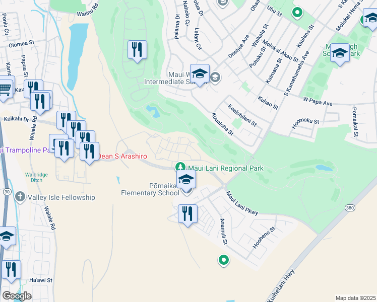 map of restaurants, bars, coffee shops, grocery stores, and more near 16 Onini Street in Kahului