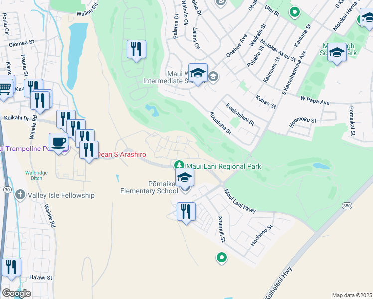 map of restaurants, bars, coffee shops, grocery stores, and more near 16 Onini Street in Kahului