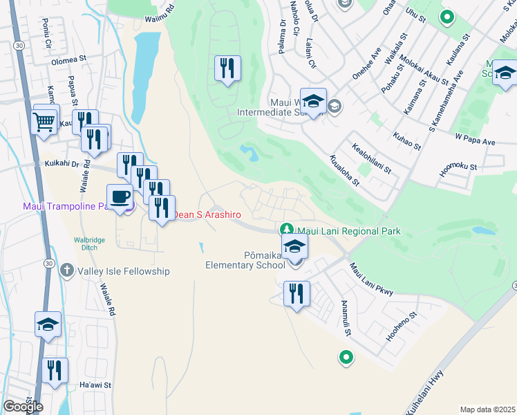 map of restaurants, bars, coffee shops, grocery stores, and more near 185 Kuena Lane in Kahului