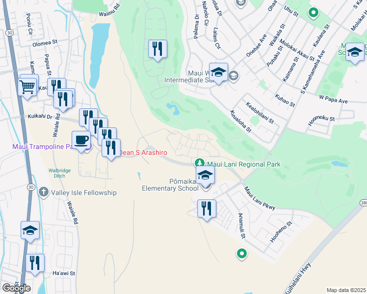 map of restaurants, bars, coffee shops, grocery stores, and more near 188 Kuena Lane in Kahului
