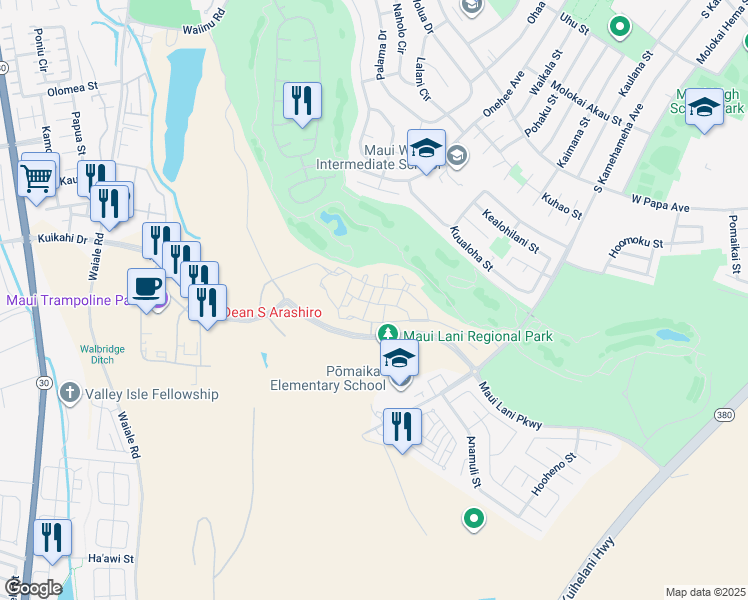 map of restaurants, bars, coffee shops, grocery stores, and more near 15 Moea Ln in Kahului
