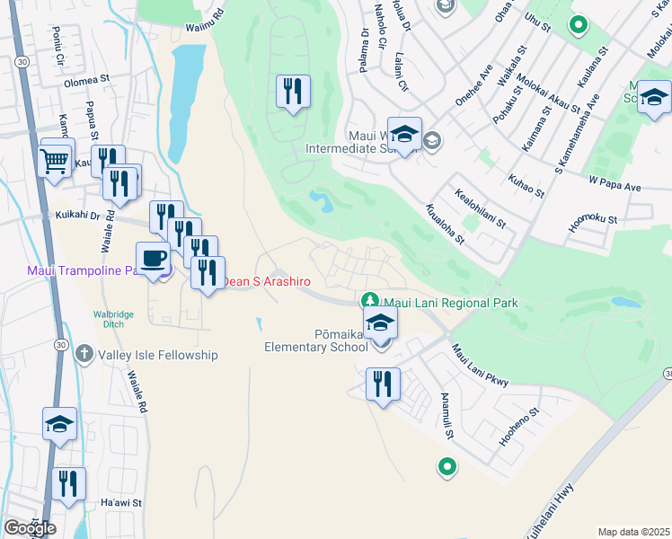 map of restaurants, bars, coffee shops, grocery stores, and more near 189 Kuena Lane in Kahului