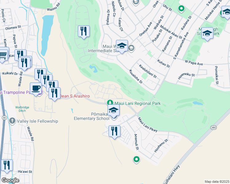 map of restaurants, bars, coffee shops, grocery stores, and more near 40 Lalaha Place in Kahului