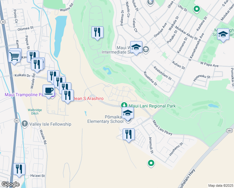 map of restaurants, bars, coffee shops, grocery stores, and more near 14 Halina Street in Kahului