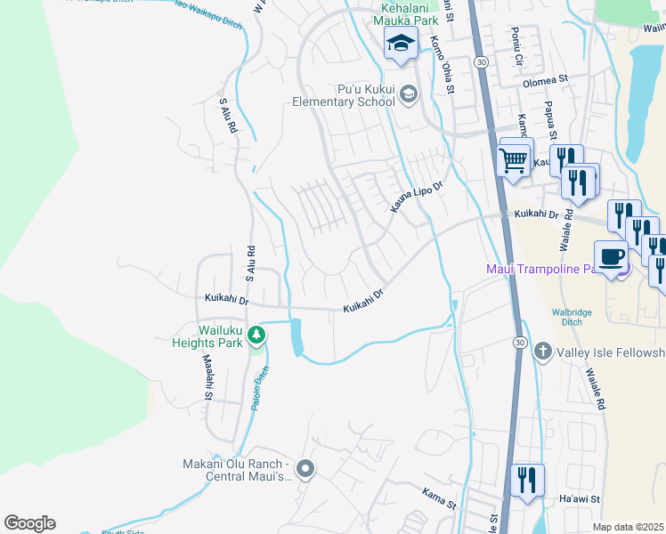 map of restaurants, bars, coffee shops, grocery stores, and more near 51 Papuhau Place in Wailuku