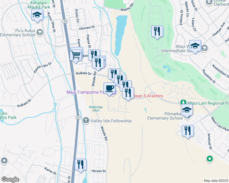 map of restaurants, bars, coffee shops, grocery stores, and more near 122 Maa Street in Kahului