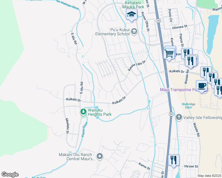 map of restaurants, bars, coffee shops, grocery stores, and more near 51 Papuhau Place in Wailuku