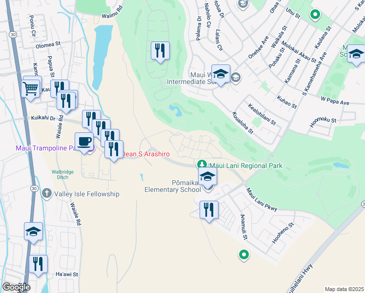 map of restaurants, bars, coffee shops, grocery stores, and more near 189 Kuena Lane in Kahului