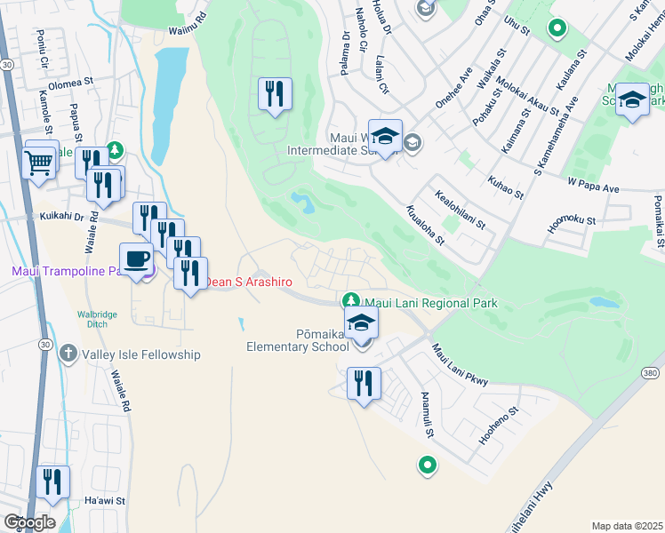 map of restaurants, bars, coffee shops, grocery stores, and more near 18 Halina Street in Kahului