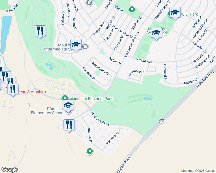 map of restaurants, bars, coffee shops, grocery stores, and more near 27 Kuualoha Street in Kahului