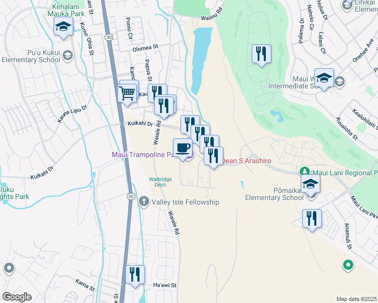 map of restaurants, bars, coffee shops, grocery stores, and more near 118 Maa Street in Kahului