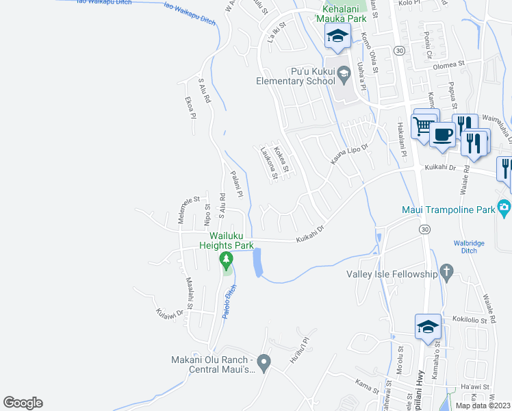map of restaurants, bars, coffee shops, grocery stores, and more near 15 Pi'ipi'i Way in Wailuku