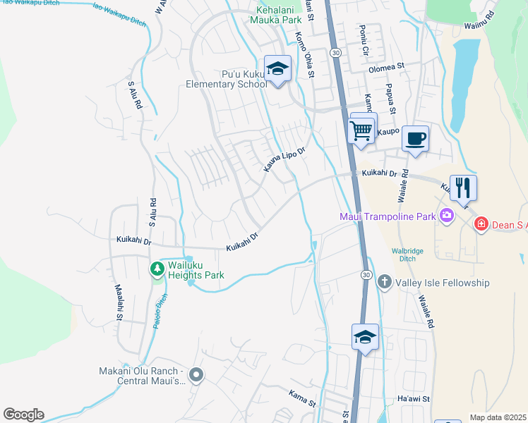map of restaurants, bars, coffee shops, grocery stores, and more near 20 Malihini Place in Wailuku