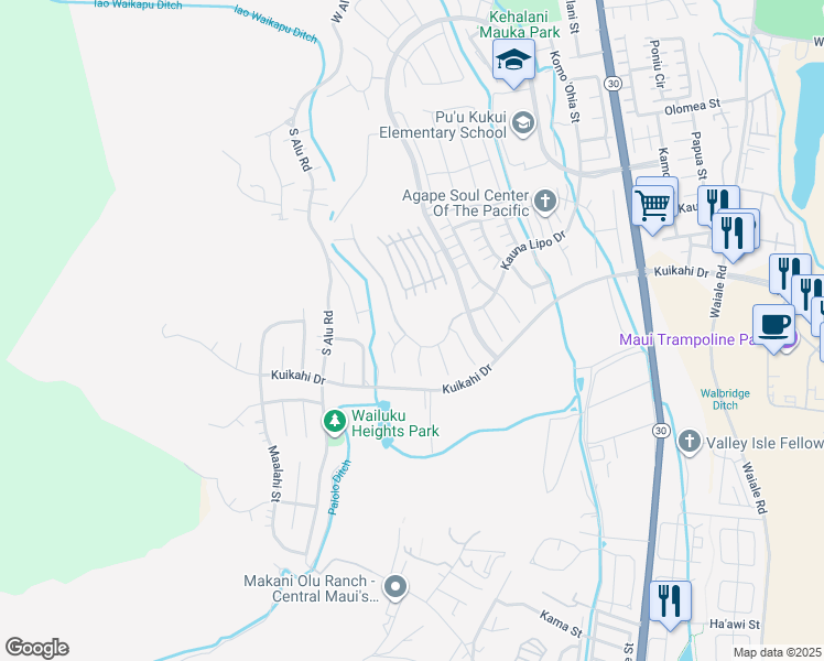 map of restaurants, bars, coffee shops, grocery stores, and more near 0 Kauna Lipo Drive in Wailuku