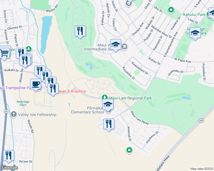 map of restaurants, bars, coffee shops, grocery stores, and more near 40 Lalaha Place in Kahului