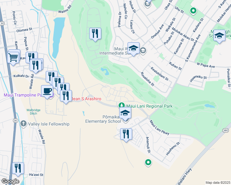 map of restaurants, bars, coffee shops, grocery stores, and more near 22 Halina Street in Kahului