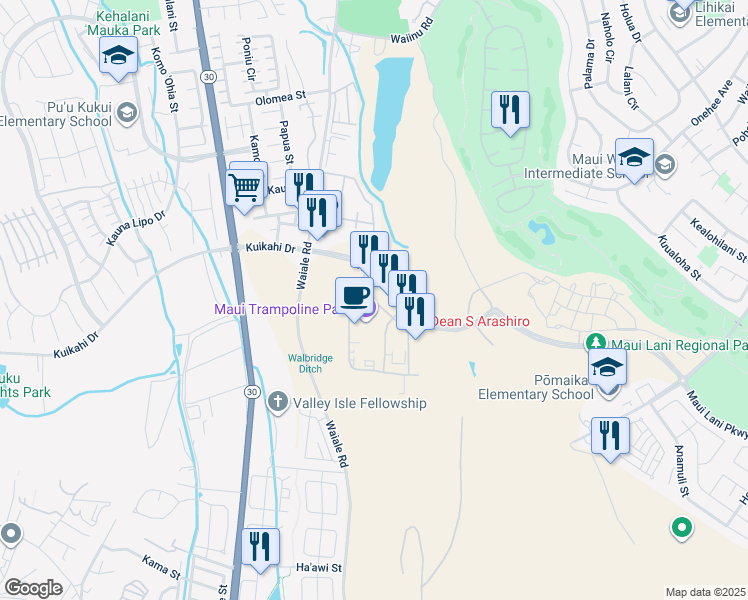 map of restaurants, bars, coffee shops, grocery stores, and more near 121 Maa Street in Kahului