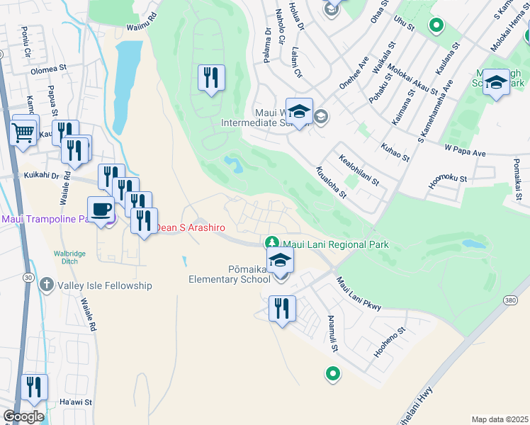 map of restaurants, bars, coffee shops, grocery stores, and more near 27 Moea Ln in Kahului