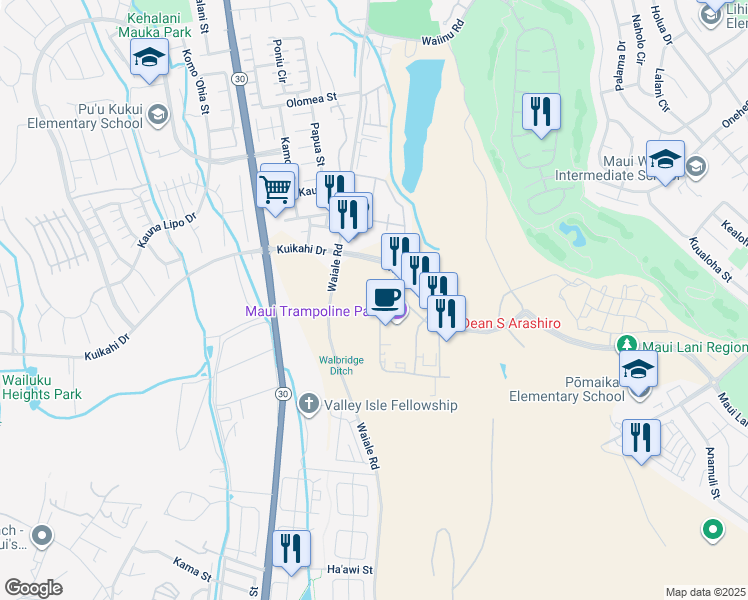 map of restaurants, bars, coffee shops, grocery stores, and more near 22 Laa Street in Kahului