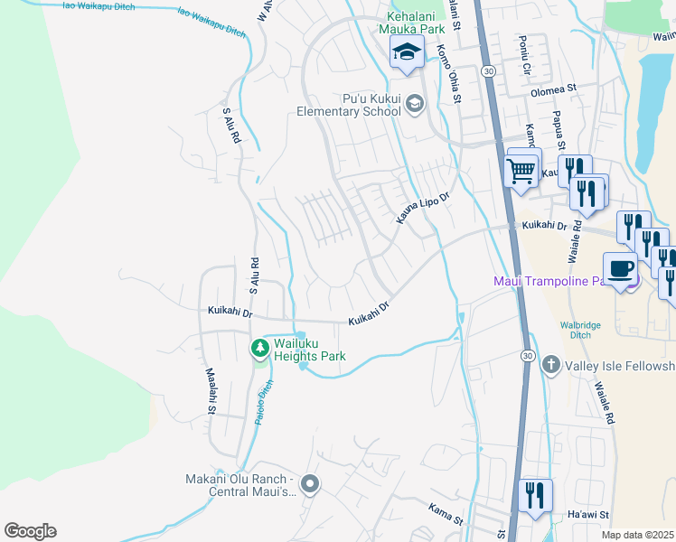map of restaurants, bars, coffee shops, grocery stores, and more near 51 Papuhau Place in Wailuku
