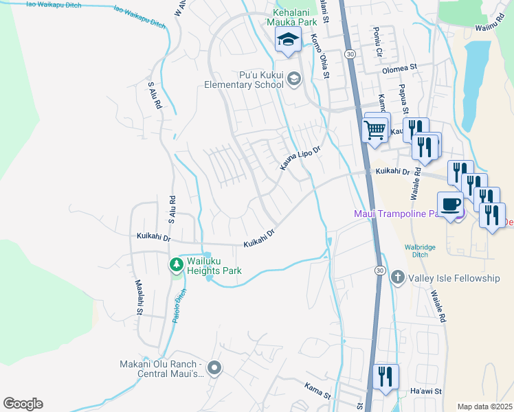 map of restaurants, bars, coffee shops, grocery stores, and more near 52 Papuhau Place in Wailuku