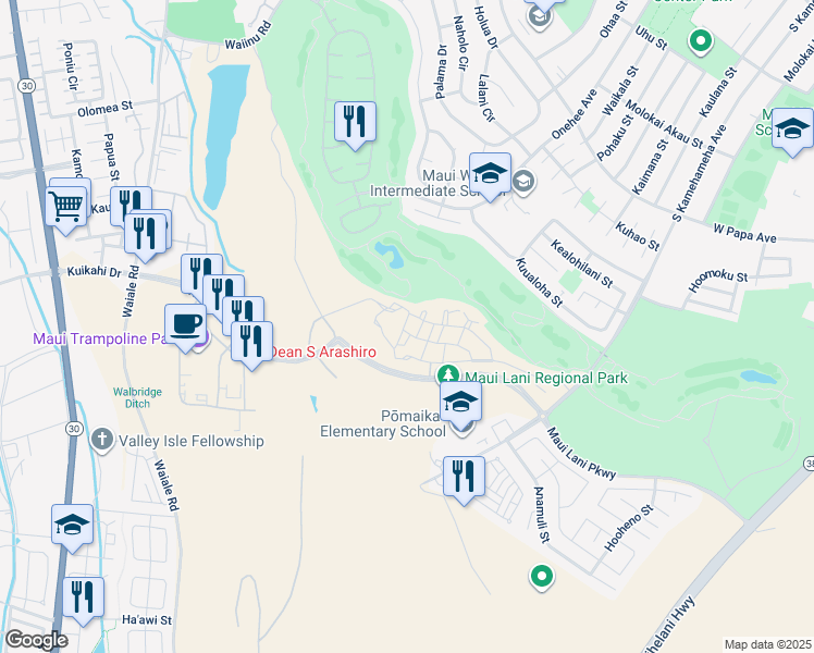 map of restaurants, bars, coffee shops, grocery stores, and more near 74 Kaana St in Kahului