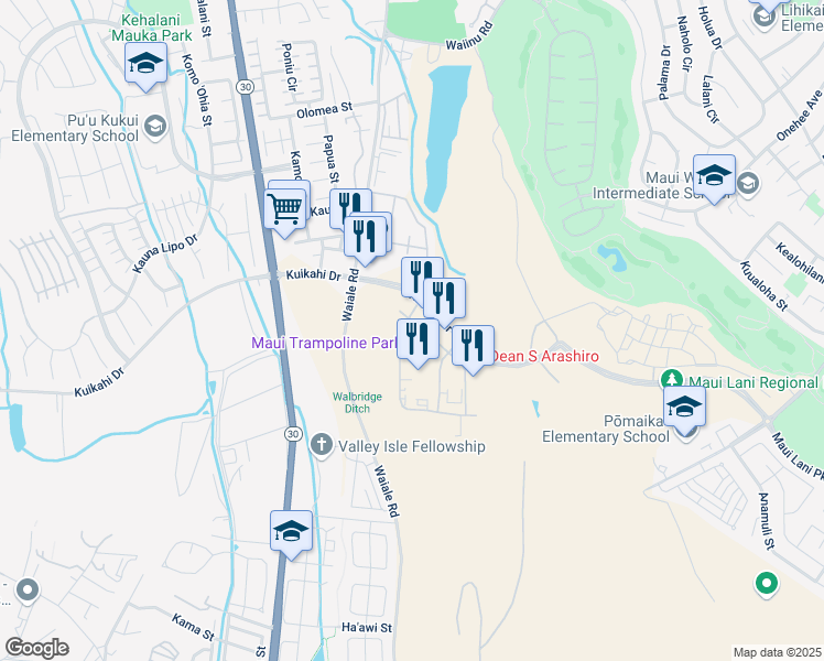 map of restaurants, bars, coffee shops, grocery stores, and more near 17 Laa Street in Kahului