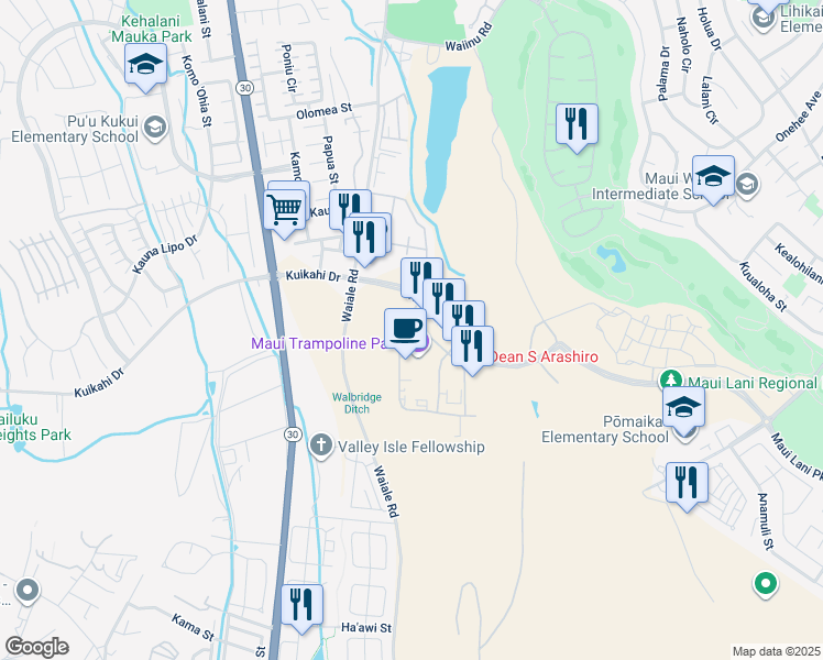 map of restaurants, bars, coffee shops, grocery stores, and more near 17 Laa Street in Kahului