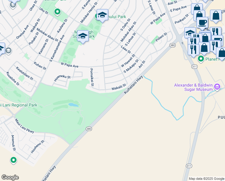map of restaurants, bars, coffee shops, grocery stores, and more near 907 Makalii Street in Kahului