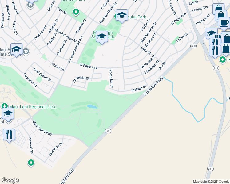 map of restaurants, bars, coffee shops, grocery stores, and more near 1073 Makalii Street in Kahului