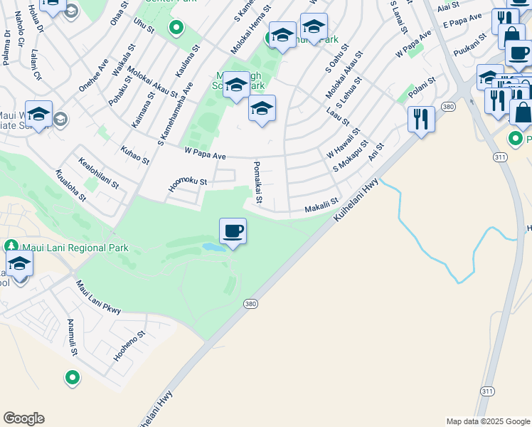 map of restaurants, bars, coffee shops, grocery stores, and more near 1073 Makalii Street in Kahului