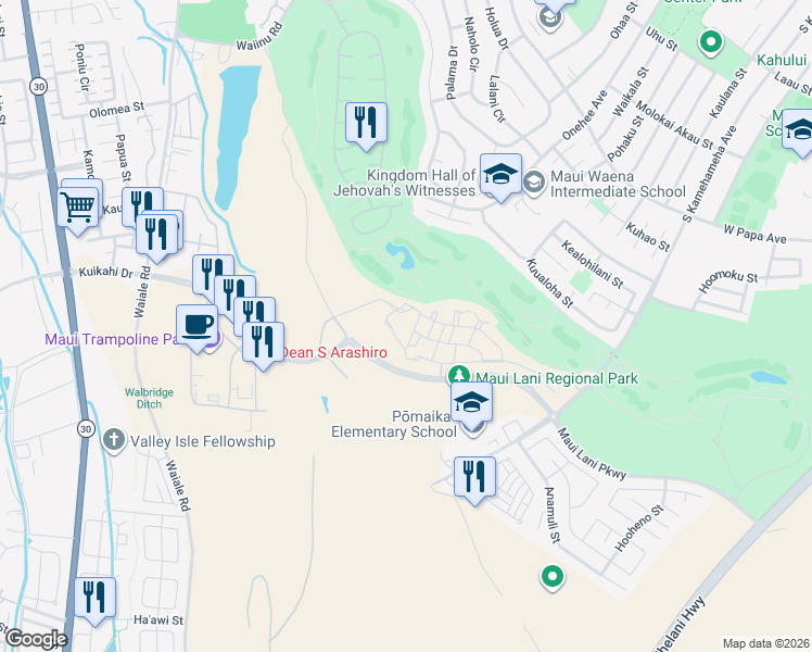 map of restaurants, bars, coffee shops, grocery stores, and more near 23 Halina Street in Kahului