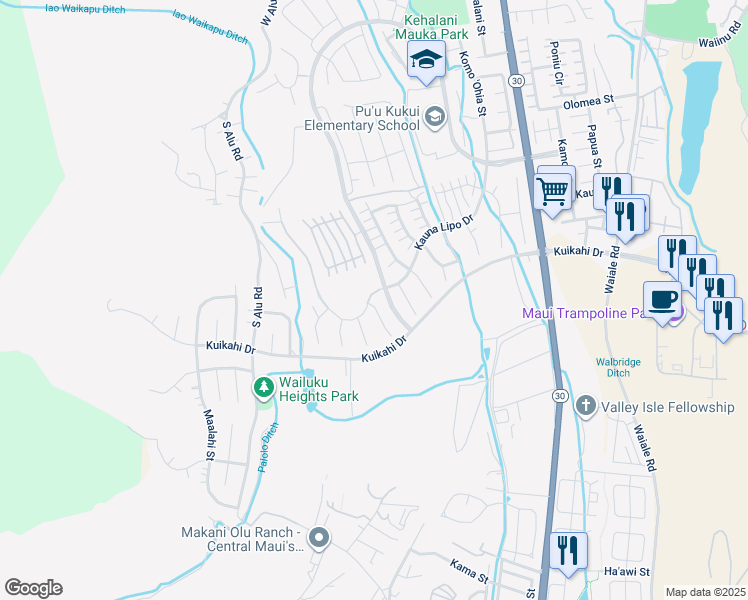 map of restaurants, bars, coffee shops, grocery stores, and more near 58 Papuhau Place in Wailuku