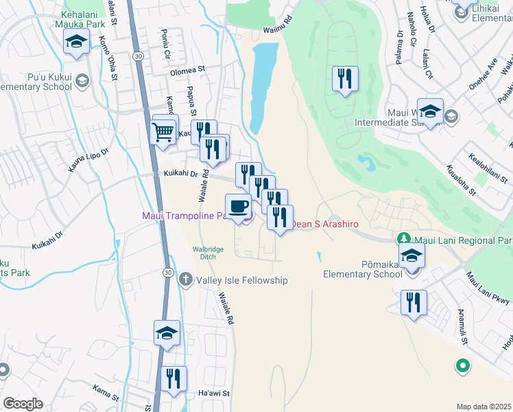 map of restaurants, bars, coffee shops, grocery stores, and more near 121 Maa Street in Kahului