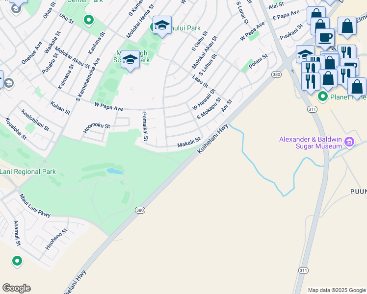 map of restaurants, bars, coffee shops, grocery stores, and more near 893 Makalii Street in Kahului