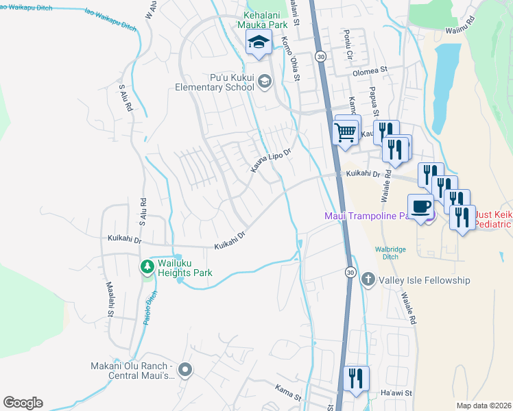 map of restaurants, bars, coffee shops, grocery stores, and more near 21 Maka Hou Place in Wailuku