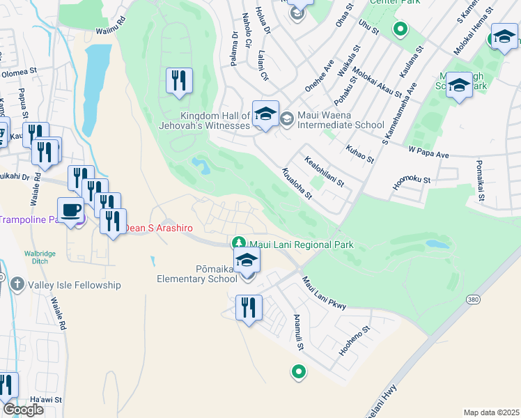 map of restaurants, bars, coffee shops, grocery stores, and more near 40 Opeha Place in Kahului
