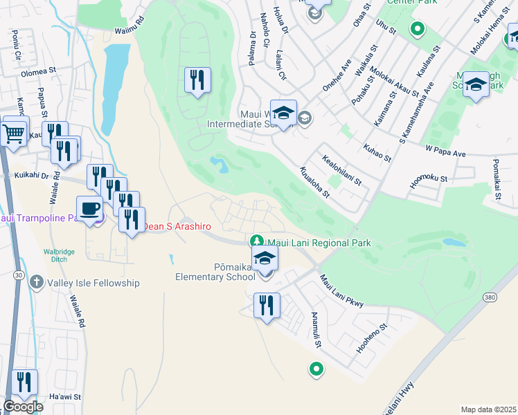 map of restaurants, bars, coffee shops, grocery stores, and more near 36 Lalaha Place in Kahului