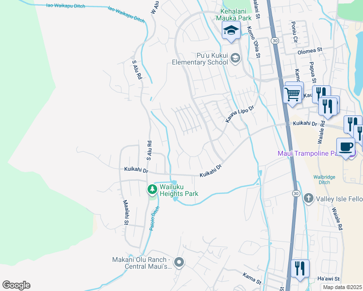 map of restaurants, bars, coffee shops, grocery stores, and more near 12 Pi'ipi'i Way in Wailuku