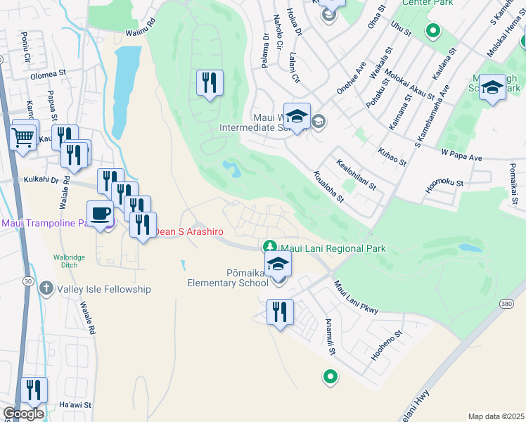 map of restaurants, bars, coffee shops, grocery stores, and more near 35 Lalaha Place in Kahului
