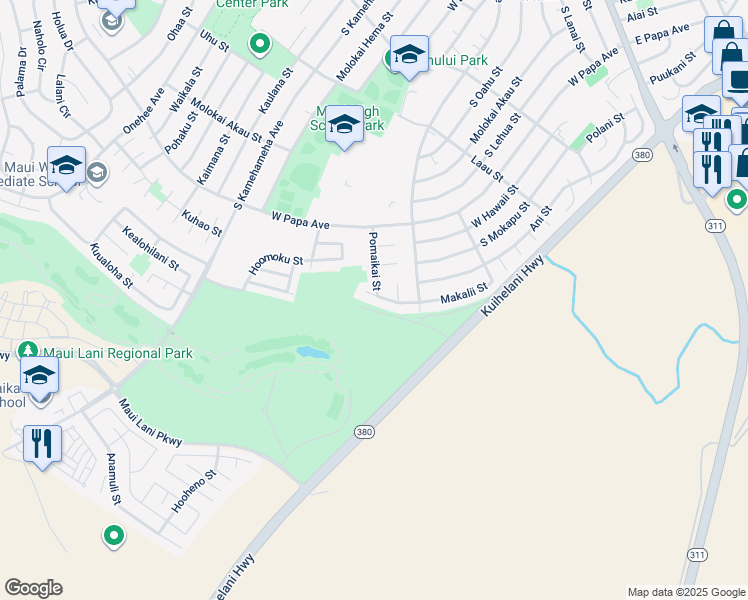 map of restaurants, bars, coffee shops, grocery stores, and more near 1093 Makalii Street in Kahului