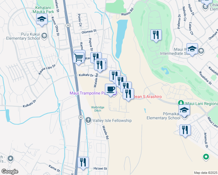 map of restaurants, bars, coffee shops, grocery stores, and more near 108 Maa Street in Kahului