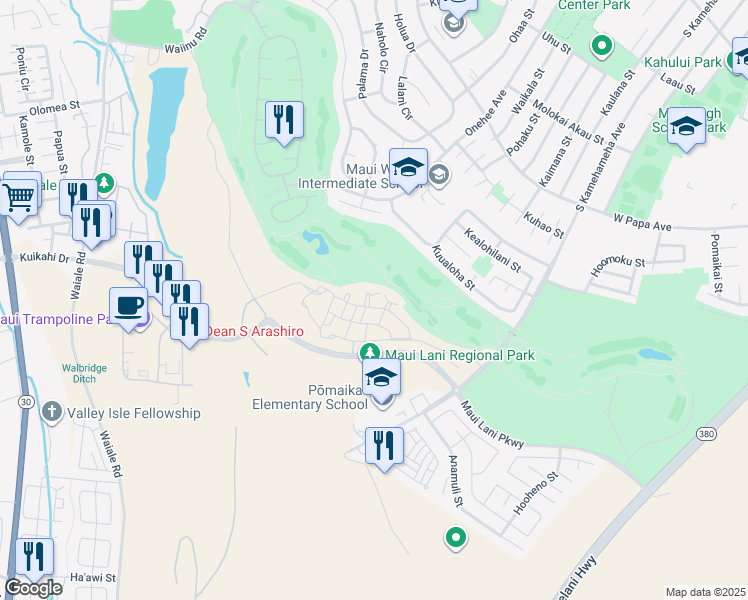 map of restaurants, bars, coffee shops, grocery stores, and more near 40 Lalaha Place in Kahului