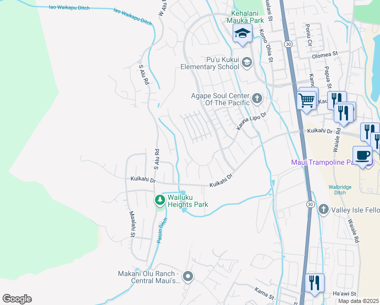 map of restaurants, bars, coffee shops, grocery stores, and more near 0 Kauna Lipo Drive in Wailuku