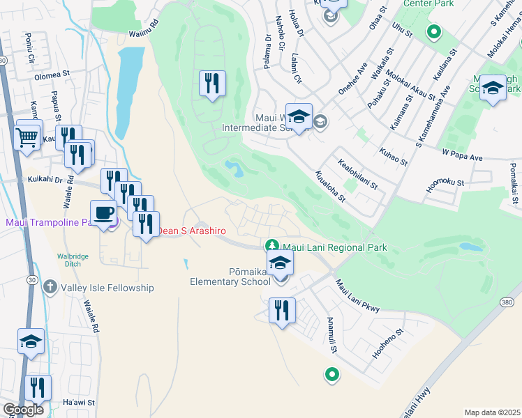 map of restaurants, bars, coffee shops, grocery stores, and more near 34 Alawa Place in Kahului
